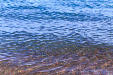 Blue clear water. Sea, lake, sun, beach, vacation Background for inserting images and text. Tourism, travel.