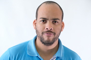 Man in blue t-shirt expressive face