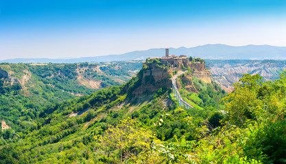 Fototapeta na wymiar Panorama of the beautiful medieval village of Civita di Bagnoregio, famous landmarks of Italy. Europe