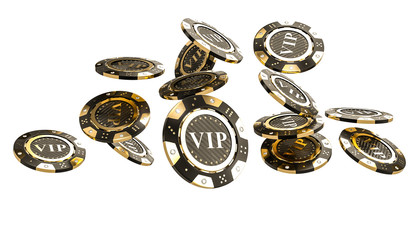  casino and poker chips, gold colored carbon fiber and diamonds, concept of luxury wealth and gambling. 3d render nobody around.