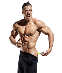 Fototapeta na wymiar Bodybuilder makes an injection of anabolic steroids. Photo of sporty man with perfect physique showing gesture like thumb up on white background. Strength and motivation