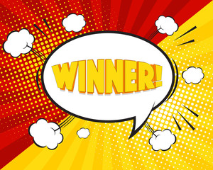 Winner comic word on comic starburst background, vector illustration. Funny cartoon speech bubble template, big yellow word, clouds, graphic elements.