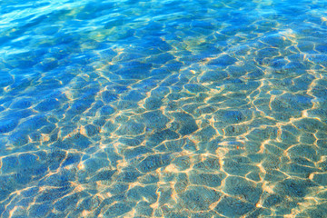 Fototapeta na wymiar Blue clear water. Sea, lake, sun, beach, vacation Background for inserting images and text. Tourism, travel.