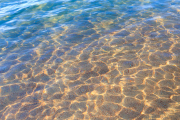 Fototapeta na wymiar Blue clear water. Sea, lake, sun, beach, vacation Background for inserting images and text. Tourism, travel.