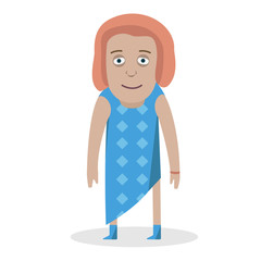 A girl in a blue dress on isolated white background. Vector character in a flat style.