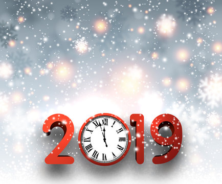 Grey 2019 New Year background with red clock and snow.