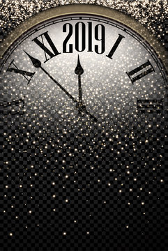 Gold shiny 2019 New Year background with clock.