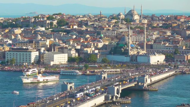 The Galata Bridge and panoramic view of old town of Istanbul - Fatih, Turkey