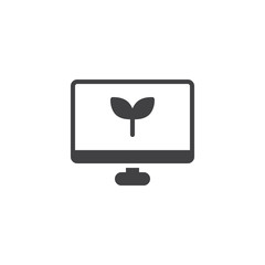 Computer monitor with plant leaves vector icon. filled flat sign for mobile concept and web design. eco screen simple solid icon. Symbol, logo illustration. Pixel perfect vector graphics