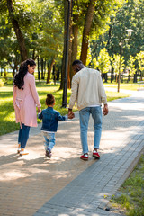 Obraz premium back view of african american parents and daughter holding hands and walking in park