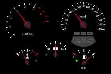 Car dashboard black scales. Fuel gauge, speedometer, tachometer, temperature indicator