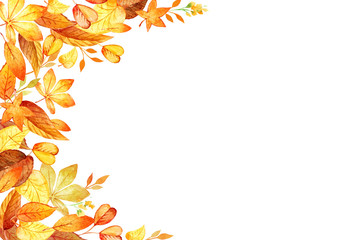 Watercolor illustration with colored leaves. Ideal for design with space for your text. Template for DIY projects, wedding invitations, greeting cards, posters, blogs, website