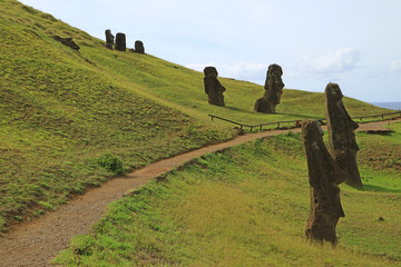 The legendary giant Moai statues on Rano Raraku volcano, UNESCO world heritage site on Easter Island, Chile, South America 