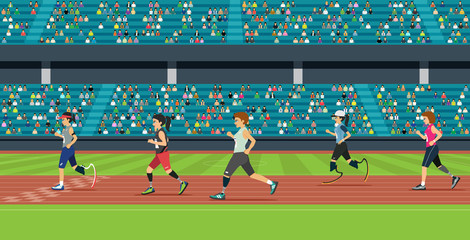 The race of disabled athletes has a grandstand as a backdrop. © intararit