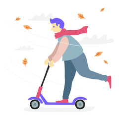 The boy is riding the scooter. Flat design vector illustration.