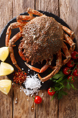 Luxurious Raw spider crab surrounded by fresh tomatoes, lemon, herbs and spices close-up. Vertical top view