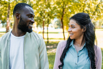 smiling african american couple looking at each other in park