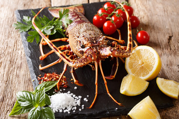 Delicious raw food: spiny lobster with tomato, lemon and herb, salt close-up. Horizontal