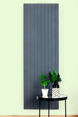 front view of a modern dark gray furniture radiator and two plant on a small table on a green background 