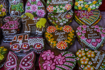 Honey gingerbread decorated with glaze sold at the city fair