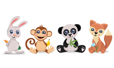  Set of cute animals. Bunny, monkey panda and fox