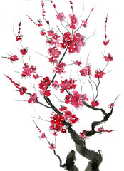 Naklejka premium A branch of a blossoming tree. Pink and red stylized flowers of plum mei, wild apricots and sakura . Watercolor and ink illustration in style sumi-e, u-sin. Oriental traditional painting.