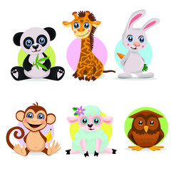  Set of cute animals. Bunny, monkey panda and fox. Vector illustration.