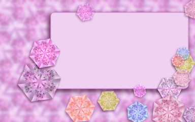 Pastel pink greeting card with rectangular text place. Decorated with creative floral hexagons of different colors. Template for invitations, greeting cards, postcards, scrapbooking, flyers, web pages