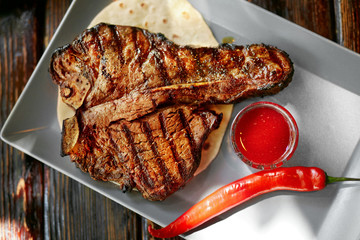 Meat Steak With Chilli Pepper Sauce Closeup