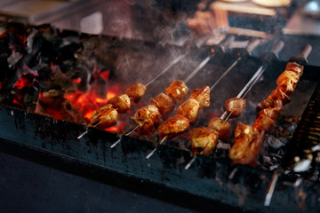 Grilling Meat On Skewers. Barbecue Meat Pieces Cooking On Grill