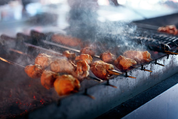 Grilling Meat On Skewers. Barbecue Meat Pieces Cooking On Grill