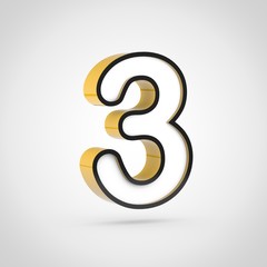 Golden number 3 with white face and black outline isolated on white background.