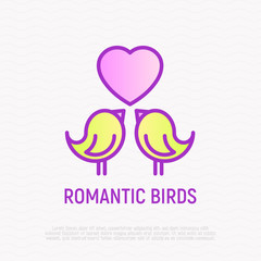 Fototapeta premium Romantic birds thin line icon: two sparrows with heart, symbol of love. Modern vector illustration.