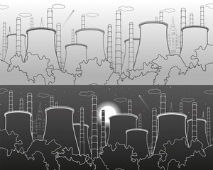Industry illustration. Factory thermal power plant. Urban scene. Pipes and smoke. White and gray lines on light and dark background. Vector design art