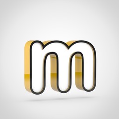 Golden letter M lowercase with white face and black outline isolated on white background.