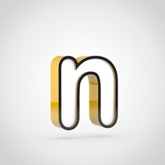 Golden letter N lowercase with white face and black outline isolated on white background.