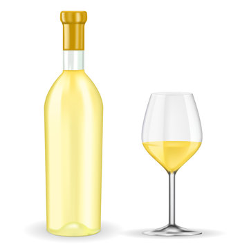 Bottle of white wine with glass