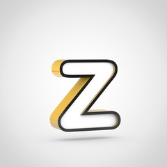 Golden letter Z lowercase with white face and black outline isolated on white background.