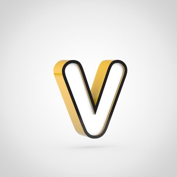 Golden letter V lowercase with white face and black outline isolated on white background.