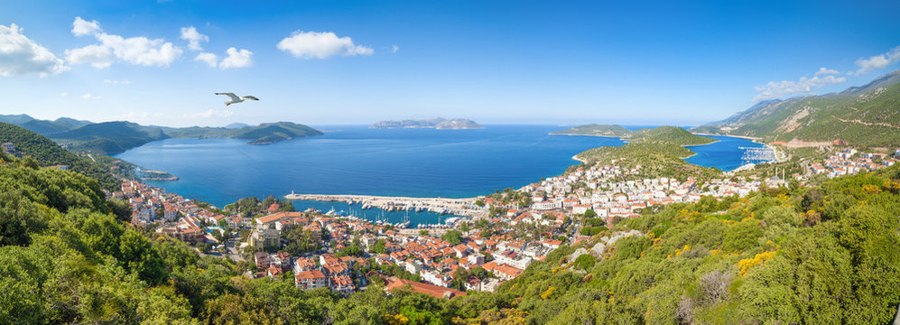Daylight aerial panoramic view of resort town Kas in Turkey