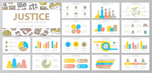 Set of crime, law, police and justice elements for multipurpose presentation template slides with graphs and charts. Leaflet, corporate report, marketing, advertising, book cover design.