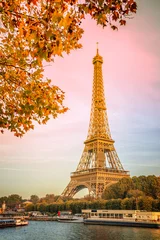 Printed roller blinds Candy pink Eiffel tower and the river Seine in fall, yellow automnal trees, Paris France