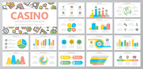 Set of gambling and casino elements for multipurpose presentation template slides with graphs and charts. Leaflet, corporate report, marketing, advertising, book cover design.