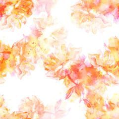 Seamless pattern with abstract watercolor roses with splashes of paint, pink toned on white background