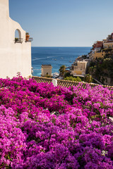 Positano framed by pink bougainvillea and boats in the background.  Italy