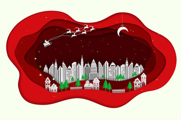 Santa Claus is coming to town on red paper art abstract background,design for christmas holiday,celebration party,happy new year or greeting card