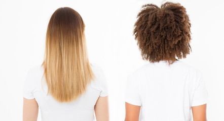 Caucasian and afro woman hair type set back view isolated on white background. African curly hairstyle, ombre healthy blonde hair. Shampoo for any hair type concept. Copy space