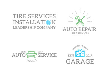 Fototapeta premium Set of retro vintage route map, automobile, wrench, screwdriver, wheel logo or insignia, emblems, labels and badges and other branding objects. Vector line style