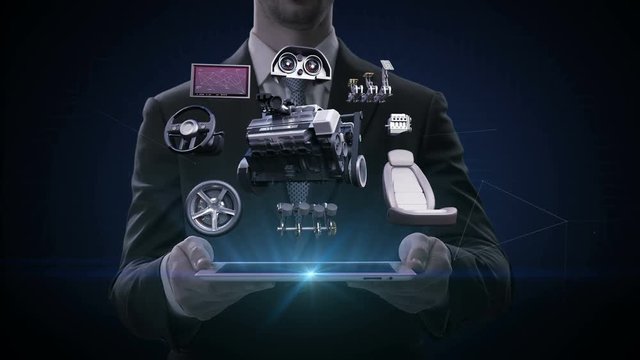 Businessman lifting smart pad, Electronic, lithium ion battery echo car. Disassembled car parts. eco-friendly future car. engine, seat, Instrument panel, navigation. 4k animation.