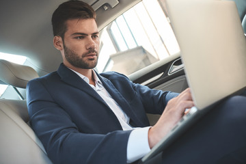 Young perfectionist. Handsome young man in full suit looking at his laptop while sitting in the car